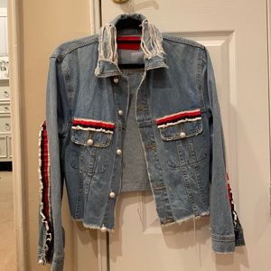Jean Jacket with pearl buttons and striped trim